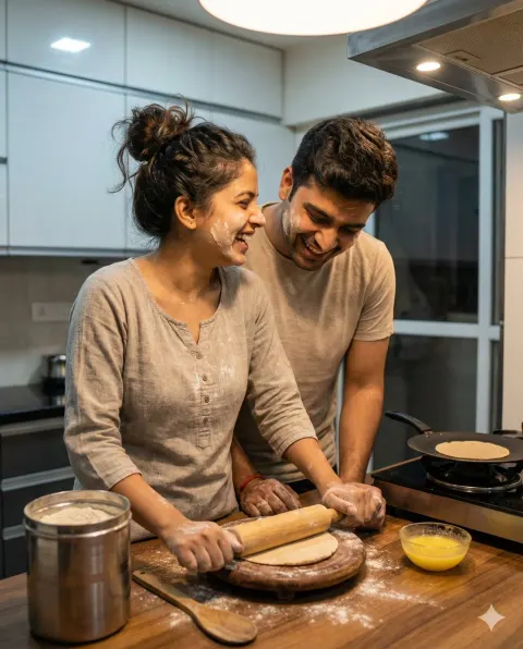 Indian Couple Making Roti Together
