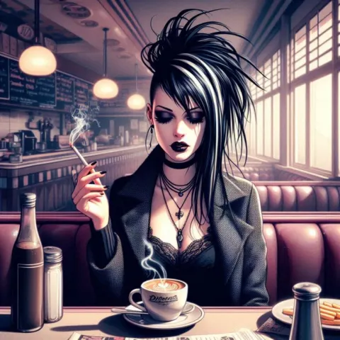 French emo goth girl, smoking and drinking cooffee