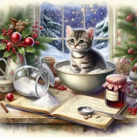 Mischievous Kitten in Flour Christmas Baking Card Scene