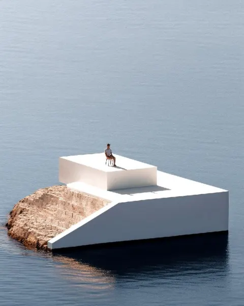 Man on Cliff Beside White Boat Minimalist Geometry Art