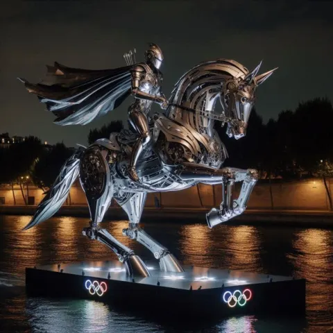 Knight riding a metal horse Paris 2024 Olympics