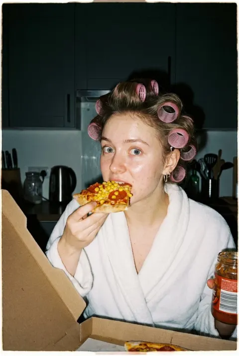Late-Night Pizza Girl Flash Portrait