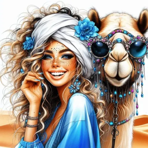 A woman and a camel, airbrush style