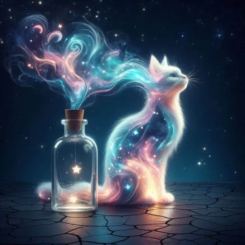Magical glowing energy particles in shape of a cat