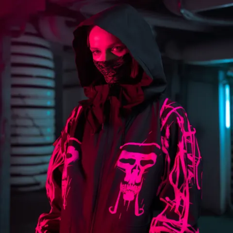 Black Techwear Cargo Jacket With Pink Skull Fashion Shoot