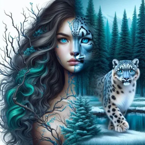 Hyper-Realistic Digital Art Painting Girl Snow Leopard