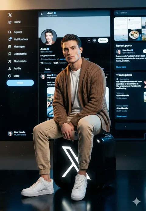 Stylish Man Sits On X Logo