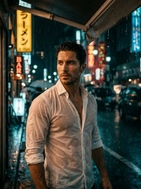 Neon Rain Night Cinematic Portrait