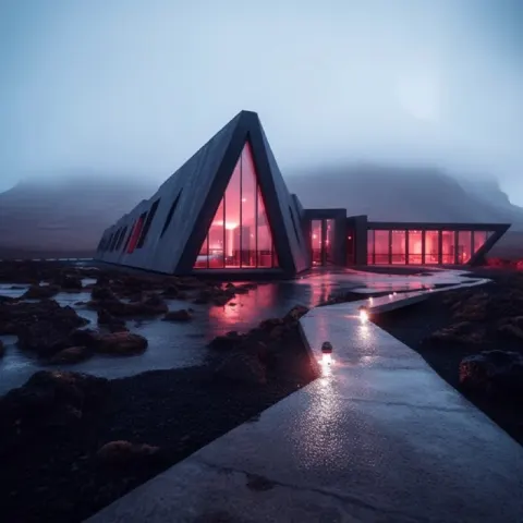 A red glass and black metal hotel