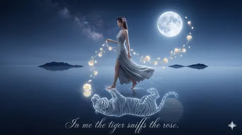 Spirit Tiger Sniffs Moonlit Rose