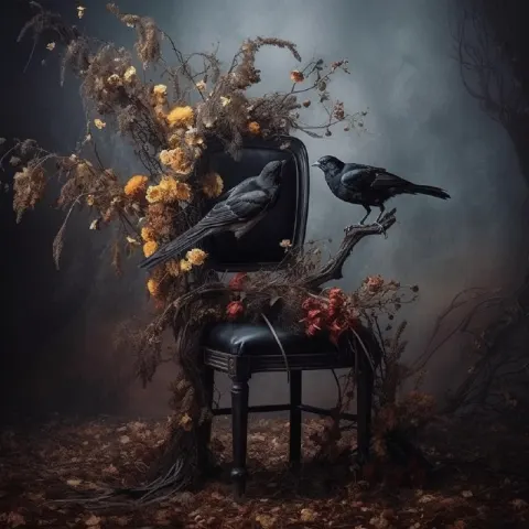 Gothic Branch Chair With Wildflowers and Crow in Garden