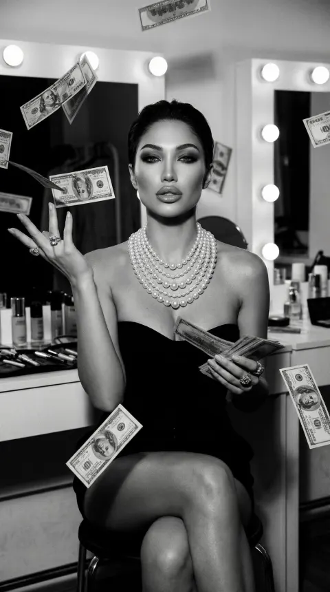 A person in a black strapless top sits in a vanity chair surrounded by falling banknotes.