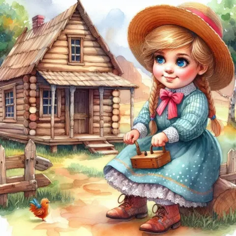 Laura Ingalls Watercolor Caricature by Log Cabin