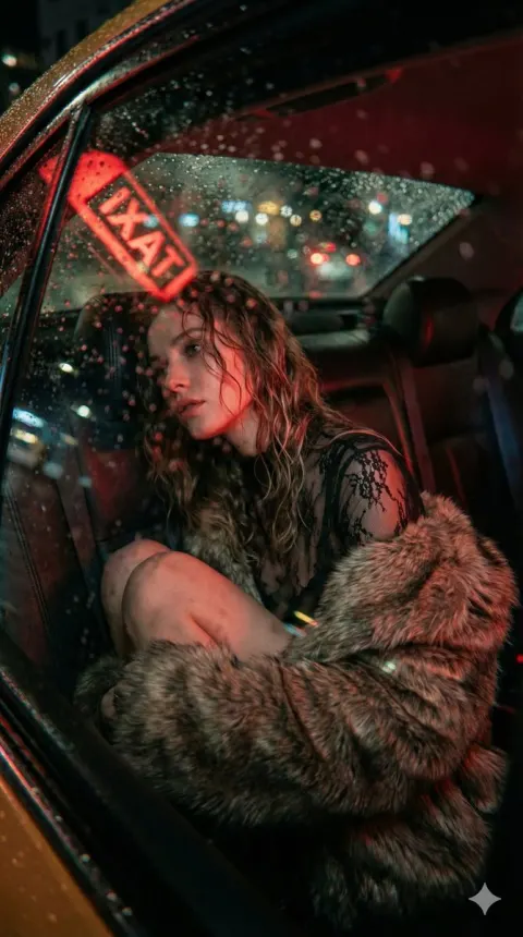 Mysterious Woman In Rainy Taxi