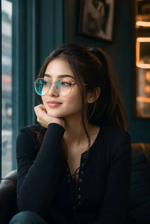 Cinematic Café Portrait with Neon Reflections