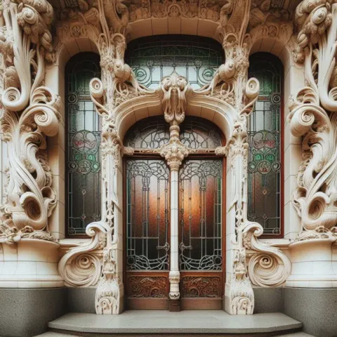 Ornate Art Nouveau Doorway With Stained Glass Carvings