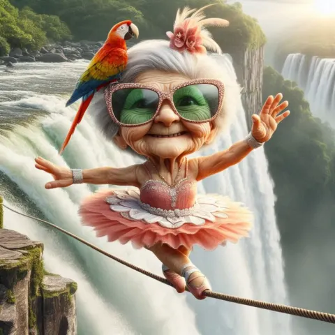 Old granny dressed like a ballerina on a tightrope