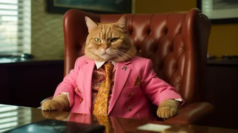 A fat orange tabby cat as an office accountant