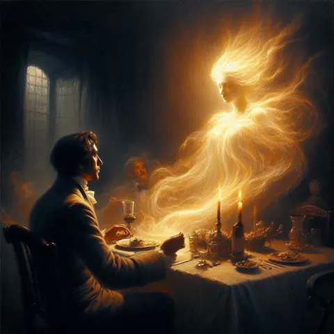 Baroque-style oil painting depicting a dimly lit dinner