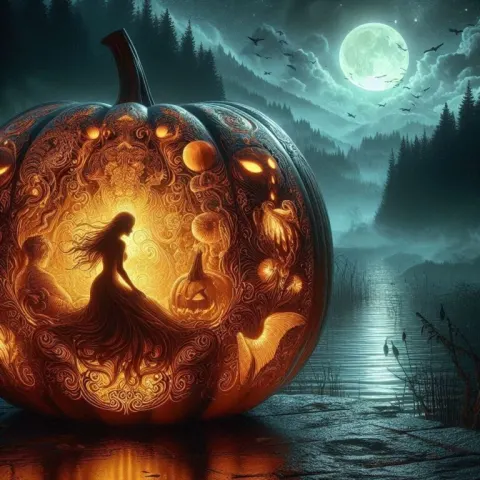Halloween pumpkin engravings with mystical creatures