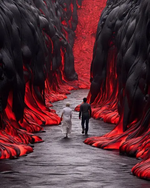 Viscous lava flow, with people
