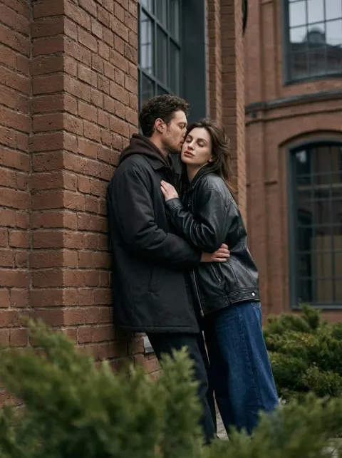 Urban Couple Embrace By Brick Wall