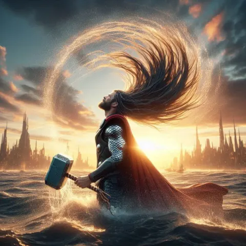 Thor splashing her long hair with water