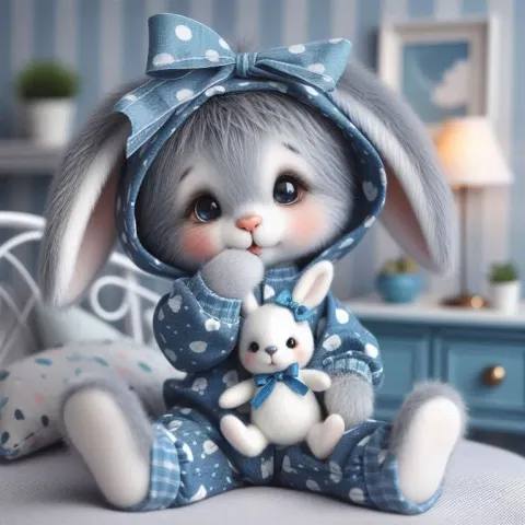 Cute Grey Bunny in Pajamas Holding Stuffed Bunny Toy