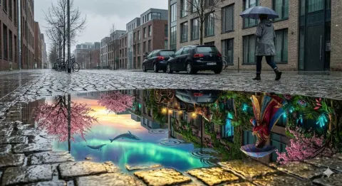 Magical Parallel World In Puddle Reflection