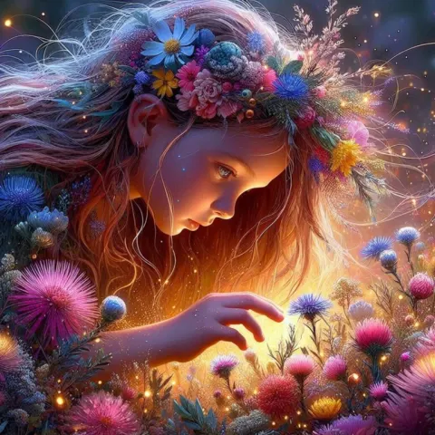 Magical Druid Girl Picking Australian Wildflowers Art