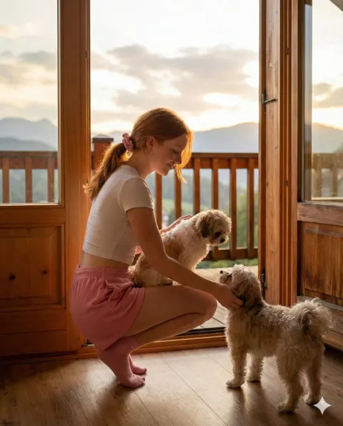 Cozy Cabin Sunset with Puppies