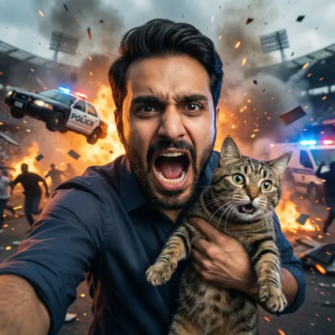 Explosion Peak: Man and Cat in Panic
