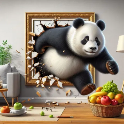 Panda Bursting From Picture Frame for Fruit Basket
