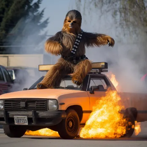 Chewbacca Skateboarding Over Burning Police Car
