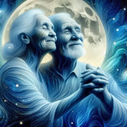 An elderly couple with wrinkles on their faces