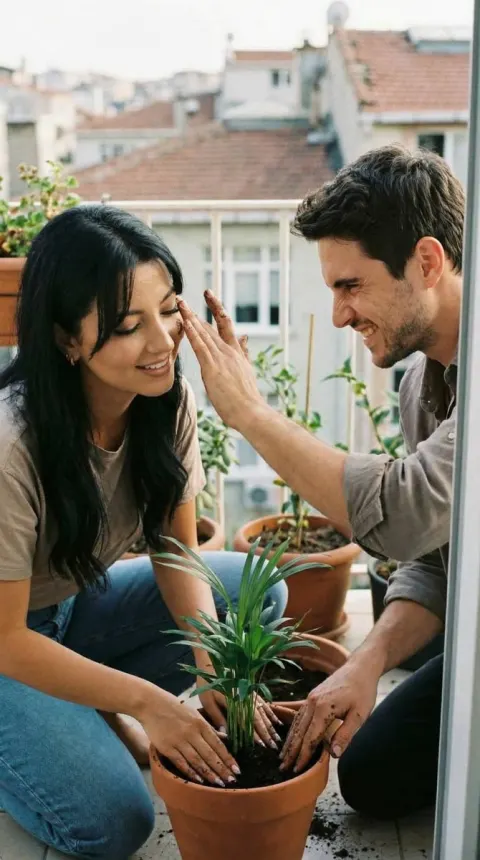 Couple Planting Together On Balcony