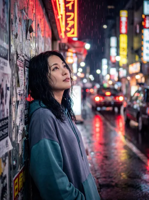 Neon Rain Night Portrait