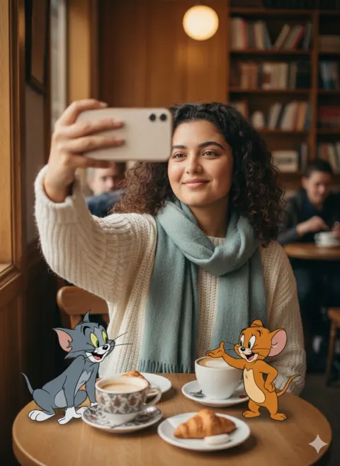 Surreal Cafe Selfie With Cartoons