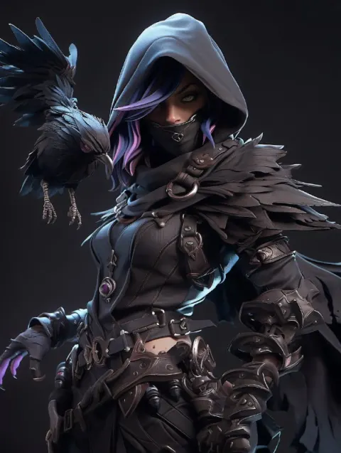 Raven Assassin Full Body Cinematic Rim-Lit Artwork