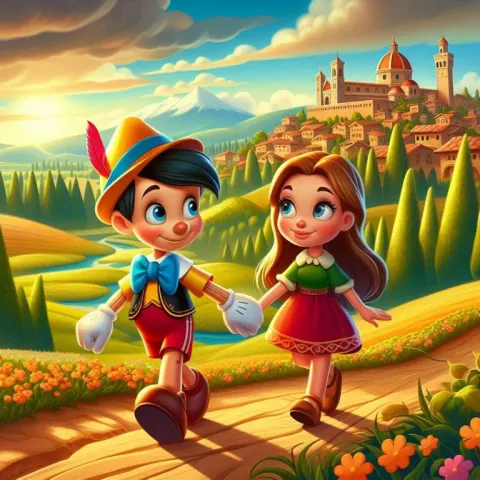 Pinocchio holding hands with his girlfriend