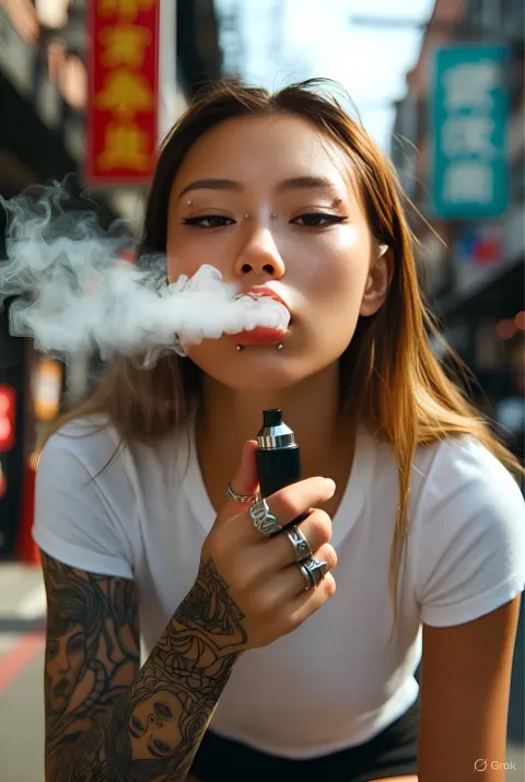 Cool Tattooed Girl Vaping In Tokyo Alley