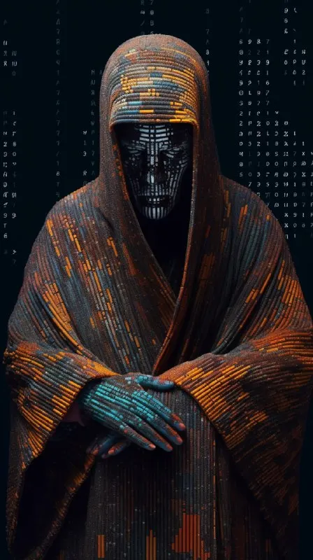 Technomancer in Ritual Mask Amid Binary Code City