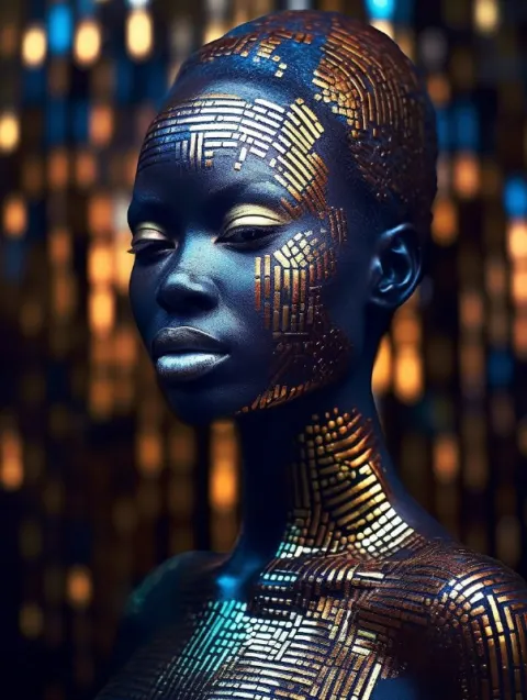 Cosmic Moire Goddess Afrofuturism Portrait With Tattoos
