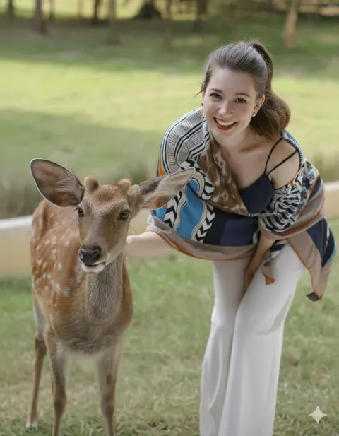 Girl Feeding Deer in Sunlit Park