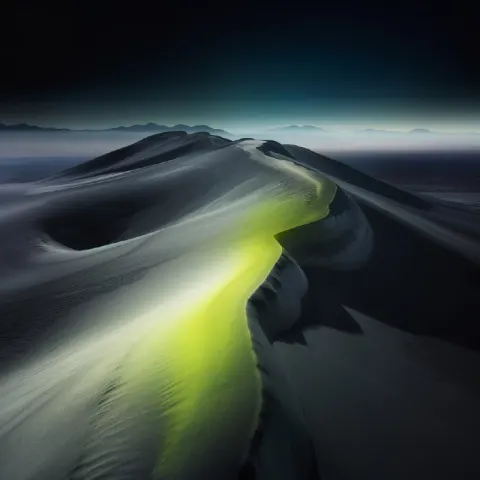 Icy White Dune Desert With Acid Green River at Night