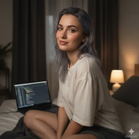 Silver Hair Girl Coding In Cozy Bedroom