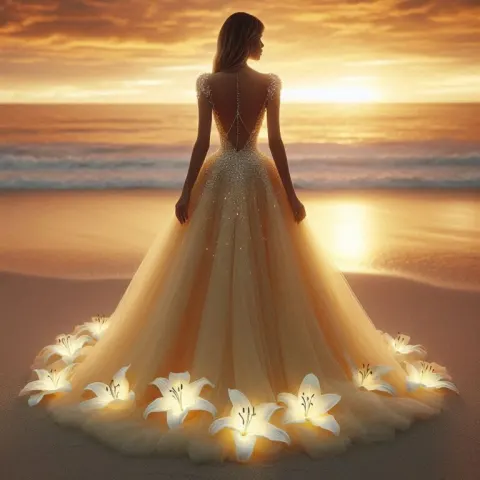 A photorealistic image of a woman standing on the beach with her back to the camera
