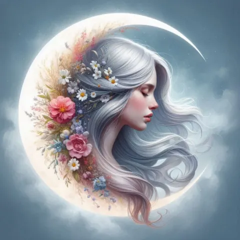 Summer Girl Profile in Crescent Moon Circle Hyperrealism