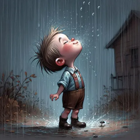 Whimsical Boy Catching Raindrops Caricature Loish Style