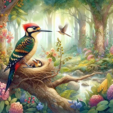 Colorful Woodpecker and Chick Watercolor Forest Nest
